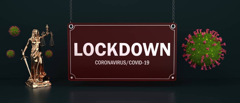 Lady Justice Statue Lockdown Coronavirus Legal basis of a lockdown in the Corona crisis. 3d illustration.