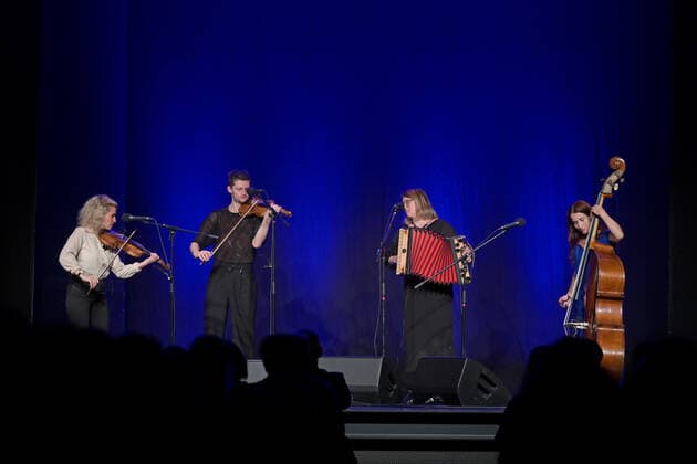 Concert of the music group ALMA, as part of the Salzkammergut Festwochen Gmunden, in the cultural centre AlFa in Steyrermühl Laakirchen in Austria, on 29 10 2020 The picture shows from l n r violinist Julia Lacherstorfer, violinist Matteo Haitzmann, harmonica player Johanna Dumfart and bassist Marlene Lacherstorfer 2020 Concert of th