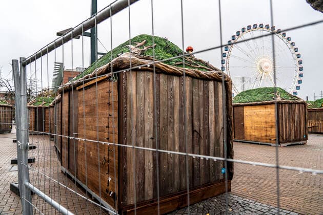 The Christmas market at the Centro shopping centre, built up but closed due to the 2 lockdown, in the Corona crisis, closed in November 2020, Oberhausen NRW, Germany Christmas market