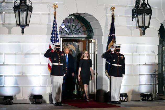 October 26, 2020, Washington, The District of Columbia, United States Of America: President Donald J. Trump, Judge Amy Coney Barrett, and Supreme Court Associate Justice Clarence Thomas arrive to Barretts swearing-in ceremony as Supreme Court Associate Justice Monday, Oct. 26, 2020, on the South Lawn of the White House..People: President Donald Trump,Amy Coney Barrett. Washington United States Of America - ZUMAs214 20201026_zaa_s214_014 Copyright: xSMGx
