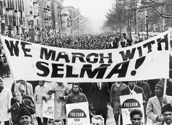 Marchers carrying banner We March with Selma! on street in Harlem, New York City, New York, USA, Stanley Wolfson, World Telegram & Sun, March 1965  Copyright: xCircaxImagesx ghi-circa08778