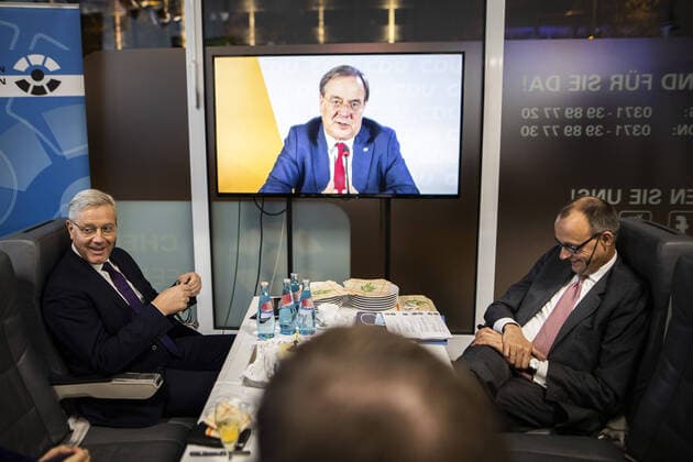 L R Norbert Roettgen, candidate for the chairmanship of the CDU, Armin Laschet, candidate for the chairmanship of the CDU and State Premier of North Rhine-Westphalia, and Friedrich Merz, candidate for the chairmanship of the CDU, recorded at the digital event CDUpdate Saxony Going new ways, seizing opportunities in Chemnitz, 06 11 2020 Chemnitz Germany Copyright: xFlorianxGaertner photothek.dex