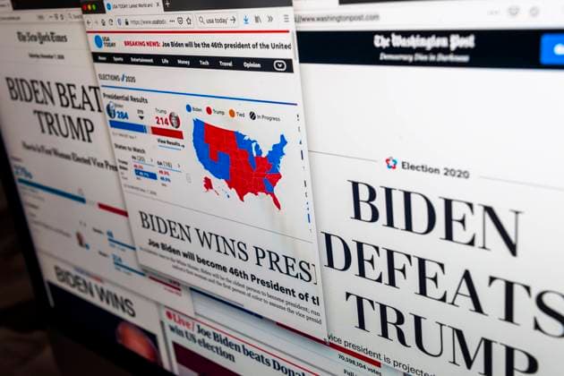 Media reports on Biden win in US Election The websites of news organizations report on Saturday, November 7, 2020 on Vice-President Joe Biden defeating Donald Trump in the U.S. Presidential Election. (  RichardxB.xLevine