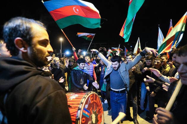 Bilder des Jahres 2020, News 11 November News Themen der Woche KW46 News Bilder des Tages MINGACHEVIR, AZERBAIJAN â€“ NOVEMBER 10, 2020: Local people with Azerbaijani national flags celebrate victory in the Nagorno Karabakh conflict. The parties of the conflict have reached an agreement that meets the interests of the peoples of Azerbaijan and Armenia. Azerbaijanâ€™s president Aliyev expressed confidence in this before signing a joint ceasefire agreement with Russiaâ€™s president Putin and Armeniaâ€™s prime minister Pashinyan. Gavriil Grigorov TASS  TS0EDA69