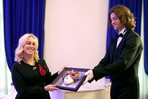 MOSCOW, RUSSIA - NOVEMBER 10, 2020: Actress Darya Terekhova receives Best Opera Actress award after a live broadcast of the 2020 Golden Mask award ceremony at the Stanislavski and Nemirovich-Danchenko Moscow Academic Music Theatre. Vyacheslav Prokofyev TASS  TS0EDB66