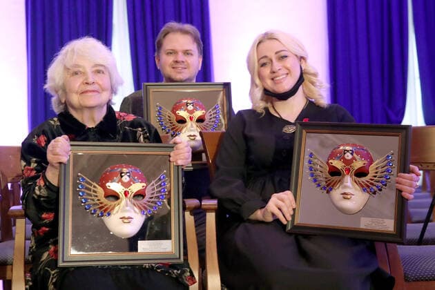MOSCOW, RUSSIA - NOVEMBER 10, 2020: Marina Elyanova, composer Alexander Vustin s widow, actor Anton Rositsky, and actress Darya Terekhova (L-R) hold their awards after a live broadcast of the 2020 Golden Mask award ceremony at the Stanislavski and Nemirovich-Danchenko Moscow Academic Music Theatre. Vyacheslav Prokofyev TASS  TS0EDB63