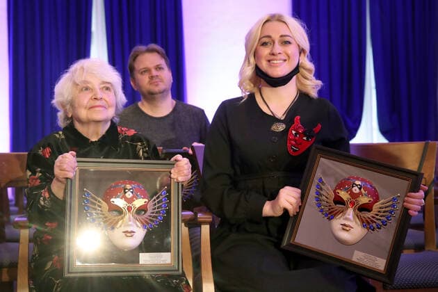MOSCOW, RUSSIA - NOVEMBER 10, 2020: Marina Elyanova, composer Alexander Vustin s widow, actor Anton Rositsky, and actress Darya Terekhova (L-R) hold their awards after a live broadcast of the 2020 Golden Mask award ceremony at the Stanislavski and Nemirovich-Danchenko Moscow Academic Music Theatre. Vyacheslav Prokofyev TASS  TS0EDB67