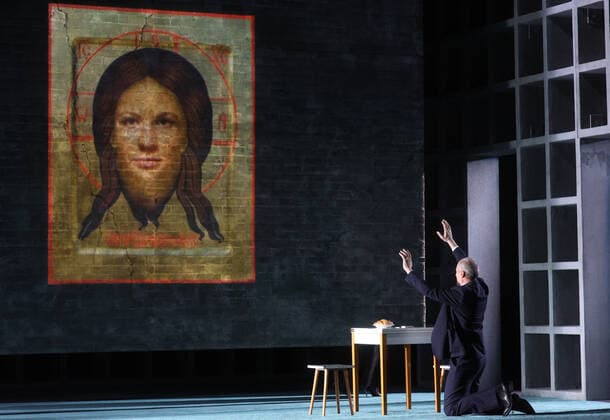 MOSCOW, RUSSIA - NOVEMBER 10, 2020: A scene from a theater production of Fyodor Dostoyevsky s novel Demons staged by director Konstantin Bogomolov at the Palace on the Yauza theater and concert hall. Sergei Fadeichev TASS  TS0EDC79