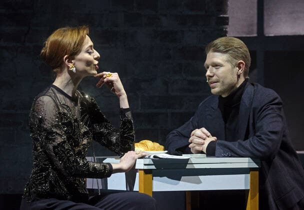MOSCOW, RUSSIA - NOVEMBER 10, 2020: Actress Alexandra Vinogradova and actor Nikita Yefremov in a scene from a theater production of Fyodor Dostoyevsky s novel Demons staged by director Konstantin Bogomolov at the Palace on the Yauza theater and concert hall. Sergei Fadeichev TASS  TS0EDC81