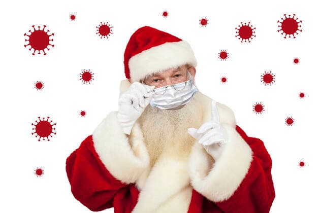 Santa Claus with mask and Corona Virus illustrations in the background