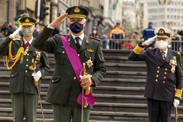 BRUSSELS, BELGIUM - NOVEMBER 11: King Philippe of Belgium, attends Armistice Day at the Monument of the Unknown Soldier in front of the Congress Column on November 11, 2020 in Brussels, Belgium. Interior Minister Annelies Verlinden, Defense Minister Ludivine Dedonder and Head of Defense Admiral Michel Hofman also attend the ceremony in front of the Congress Column in Brussels. (Photo by Olivier Matthys Getty Images) Reporters Ranieri OlivierxMatthys