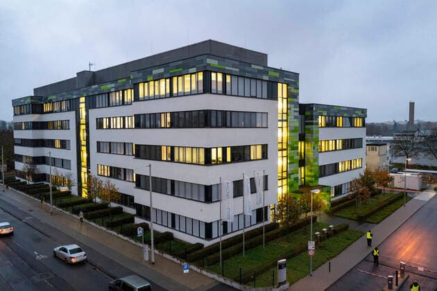 BIONTECH pharmaceutical company, exterior view in the twilight, Mainz 11 11 2020