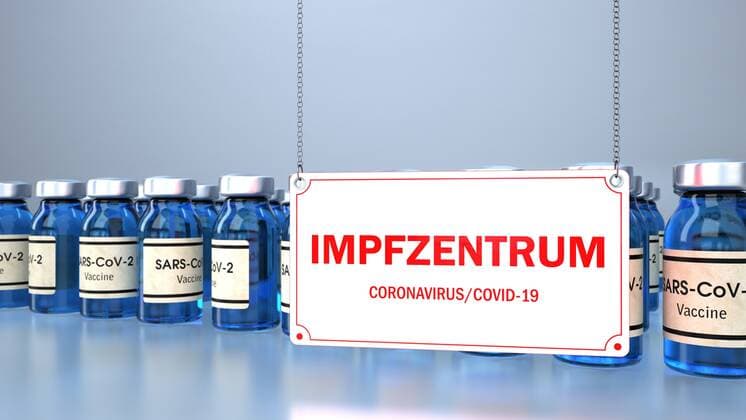 Coronavirus Impfzentrum German text Testzentrum, translate Test Centre. 3d illustration.