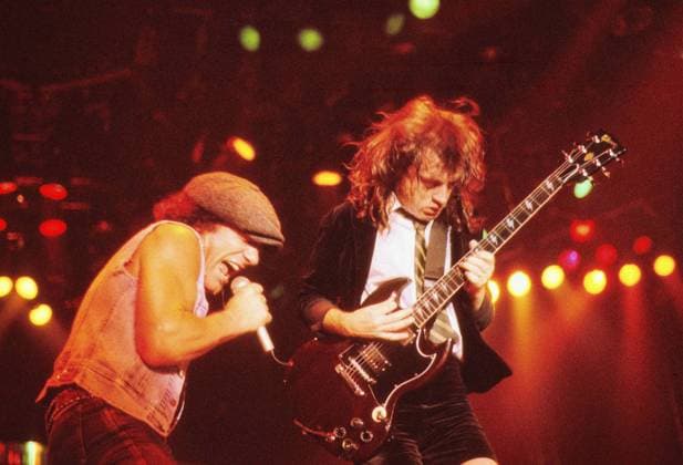 08 April 1988 Vocalist Brian Johnson and guitarist Angus Young of Australian band AC DC performing live in concert during the Blow Up Your Video tour at Carl Diem Halle in Würzburg, Germany, 08 April 1988 Photo Hans Martin Issler AC DC live