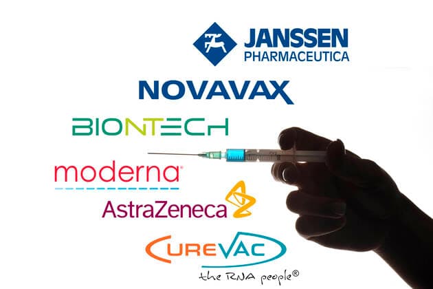 Symbol image Vaccine candidates, BIONTECH, NOVAVAX, MODERNA, ASTRAZENECA, CUREVAC, JANSSEN PHARMACEUTICA, hand with syringe, corona crisis, Baden Württemberg, Germany Coronavirus vaccine