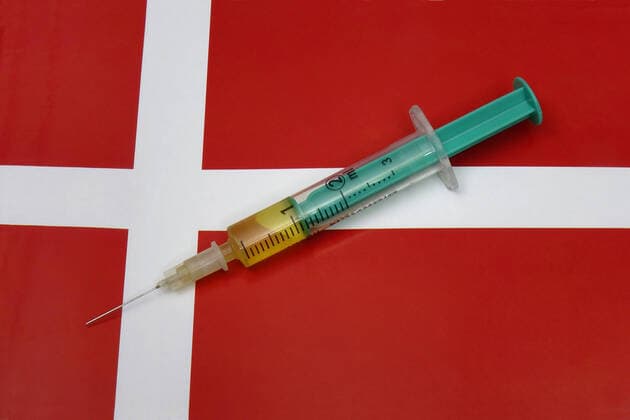 Syringe on a national flag Syringe on a national flag, 15 11 2020, Borkwalde, Brandenburg, A syringe containing a vaccine is on the national flag of Denmark