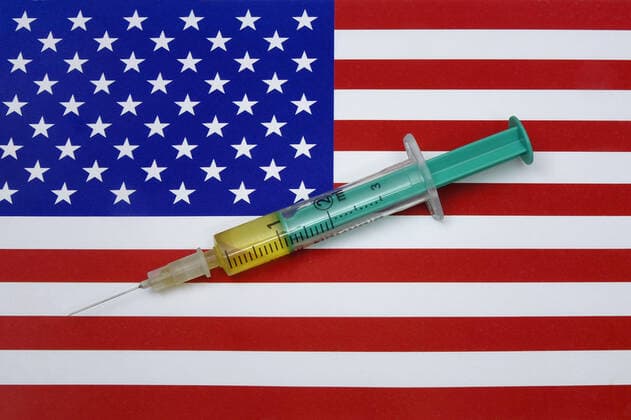 Syringe on a national flag Syringe on a national flag, 15 11 2020, Borkwalde, Brandenburg, Germany, A syringe containing a vaccine is on the national flag of the USA