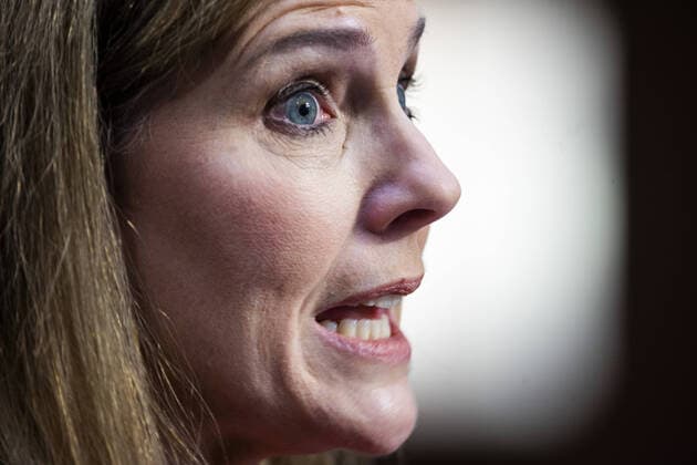 Supreme Court nominee Judge Amy Coney Barrett answers questions on the second day of her confirmation hearing before the Senate Judiciary Committee, on Capitol Hill in Washington DC, on Tuesday, October 13, 2020. If confirmed, Barrett will replace Justice Ruth Bader Ginsburg, who died last month. Pool photo by Jim Lo Scalzo  POY2020DC184 JIMxLOxSCALZO