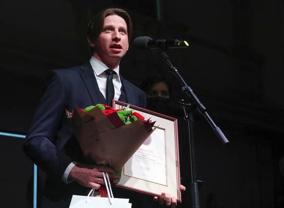 MOSCOW, RUSSIA â€“ NOVEMBER 30, 2020: Priyut Komediantov Theatre actor Dmitry Lysenkov is presented with a Stanislavsky prize for roles played in recent years , at the 25th Stanislavsky Award ceremony at the Beethoven Hall of the Bolshoi Theatre. The Stanislavsky Award is an international prize established in 1994 and presented by the Stanislavsky Foundation to theatre actors, directors, critics and others for their contribution to Russian and world theatre. Vyacheslav Prokofyev TASS  TS0F00CC
