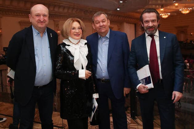 MOSCOW, RUSSIA â€“ NOVEMBER 30, 2020: Jury members, theatre director Sergei Zhenovach, actress Lyudmila Maksakova, Bolshoi Theatre director Vladimir Urin, and actor Vladimir Mashkov (L-R) at the 25th Stanislavsky Award ceremony at the Bolshoi Theatre. The Stanislavsky Award is an international prize established in 1994 and presented by the Stanislavsky Foundation to theatre actors, directors, critics and others for their contribution to Russian and world theatre. Vyacheslav Prokofyev TASS  TS0F00D9