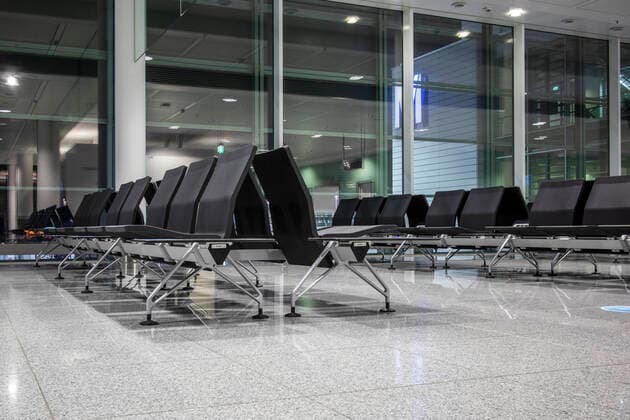The almost completely orphaned Lufthansa Terminal 2 at Munich Airport During the Corona Pandemic, very few flights will take place in autumn 2020