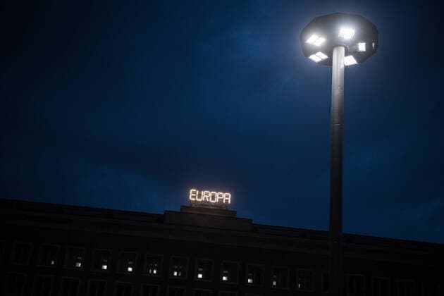 On the occasion of the exhibition Living the City, the lettering EUROPA stands above the main entrance of the former central airport in Berlin Tempelhof Photo bildgehege Europa