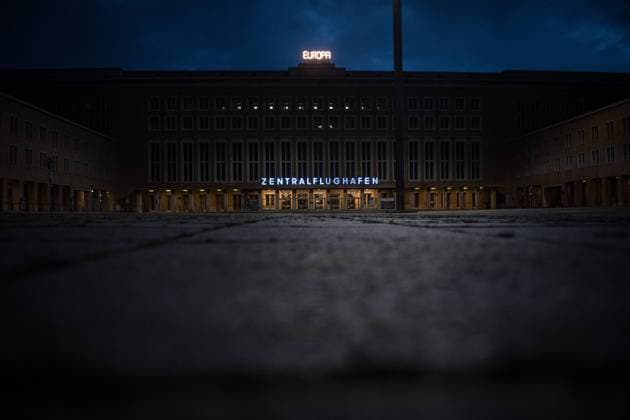On the occasion of the exhibition Living the City, the lettering EUROPA stands above the main entrance of the former central airport in Berlin Tempelhof Photo bildgehege Europa