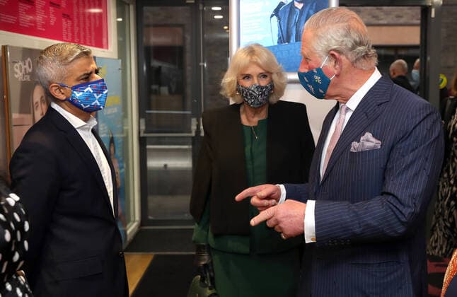 . 03 12 2020. London, United Kingdom. Prince Charles, the Prince of Wales and Camilla, the Duchess of Cornwall, talk to Mayor of London Sadiq Khan, during a visit to the Soho Theatre to celebrate London s night economy.  xi-Imagesx xPoolx IIM-21861-0024