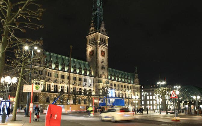 The illuminated Hamburg City Hall during the Lockdown light in December Neustadt Hamburg