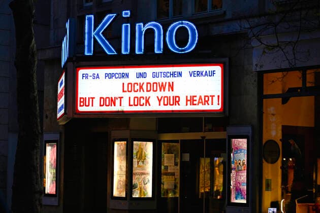 In the context of the lockdown again closed cinema, display LOCKDOWN BUT DON T LOCK DOWN YOUR HEART , Corona crisis, Delphi Arthouse cinema, Stuttgart, Baden Württemberg, Germany Coronavirus