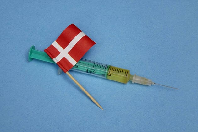 Syringe and little flag Syringe and little flag, 05 12 2020, Borkwalde, Brandenburg, On a syringe lies a little flag of Denmark