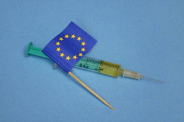 Syringe and flag Syringe and flag, 05 12 2020, Borkwalde, Brandenburg, Germany, On a syringe lies a flag from the European Union
