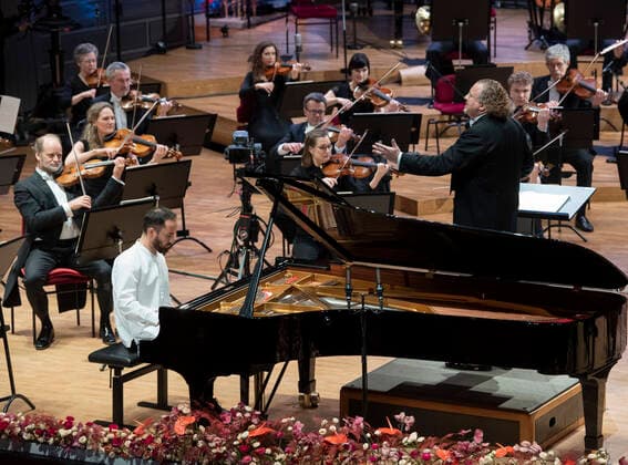 Russian German pianist Igor Levit L and French conductor Stéphane Denève toghether with the Royal Stockholm Philharmonic Orchestra perform Beethoven s Piano Concerto No 5 Emperor Concerto during the Nobel Prize Concert 2020 at the Stockholm Concert Hall, in Stockholm, Sweden, on Dec 08, 2020 Stockholm SWEDEN x10080x,  Copyright: xFredrikxSandberg TTx SWEDEN NOBEL PRIZE CONCERT