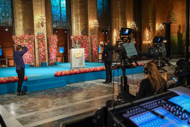 Preparations underway before the start of the the Nobel Prize ceremony in the Golden Hall in the City Hall of Stockholm, Sweden, on Dec 10, 2020 Due to the corona Covid 19 pandemic, a digital awards ceremony takes place at the Stockholm City Hall with no Lauerates present, and parts of the ceremony is pre produced STOCKHOLM SWEDEN x10080x,  Copyright: xFredrikxSandberg TTx SWEDEN NOBEL CEREMONY