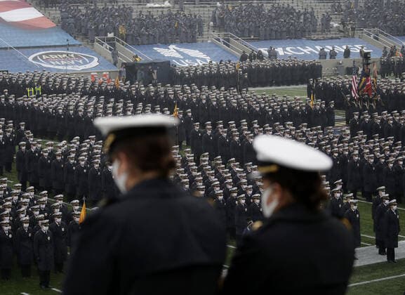 U.S. Military Academy cadets stand in a pre-game formation and wearing face masks before the Army Black Knights play the Navy Midshipmenon in the 121st traditional Army-Navy Game at Michie Stadium at West Point on Saturday, December 12, 2020. The annual rivalry game has traditionally been played in front a capacity crowd in NFL stadiums in Philadelphia, Baltimore, Landover or East Rutherford, but the coronavirus pandemic forced the game to be played at West Point for the first time since 1943.  NYP20201212102 JOHNxANGELILLO
