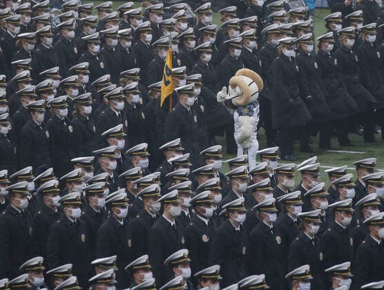 Bill the Goat, mascot of the United States Naval Academy, walks through U.S. Military Academy cadets that stand in a pre-game formation and wearing face masks before the Army Black Knights play the Navy Midshipmenon in the 121st traditional Army-Navy Game at Michie Stadium at West Point on Saturday, December 12, 2020. The annual rivalry game has traditionally been played in front a capacity crowd in NFL stadiums in Philadelphia, Baltimore, Landover or East Rutherford, but the coronavirus pandemic forced the game to be played at West Point for the first time since 1943.  NYP20201212103 JOHNxANGELILLO