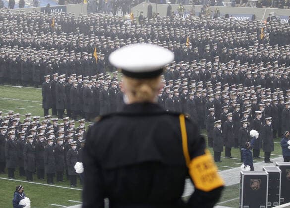 U.S. Military Academy cadets stand in a pre-game formation and wearing face masks before the Army Black Knights play the Navy Midshipmenon in the 121st traditional Army-Navy Game at Michie Stadium at West Point on Saturday, December 12, 2020. The annual rivalry game has traditionally been played in front a capacity crowd in NFL stadiums in Philadelphia, Baltimore, Landover or East Rutherford, but the coronavirus pandemic forced the game to be played at West Point for the first time since 1943.  NYP20201212105 JOHNxANGELILLO