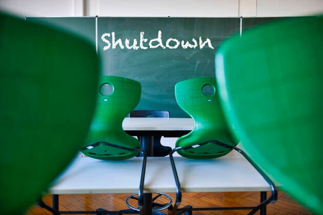 Board with inscription SHUTDOWN, hard lockdown from 16 12 2020 in Germany, classroom, corona crisis, Germany Board hard lockdown corona