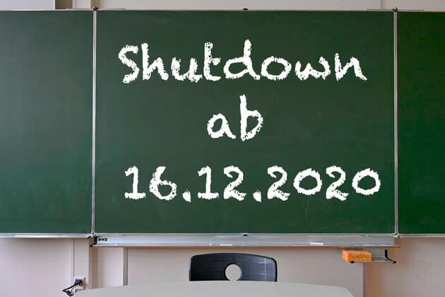 Board with inscription SHUTDOWN, hard lockdown, shutdown from 16 12 2020 in Germany, classroom, corona crisis, Germany Board hard lockdown corona