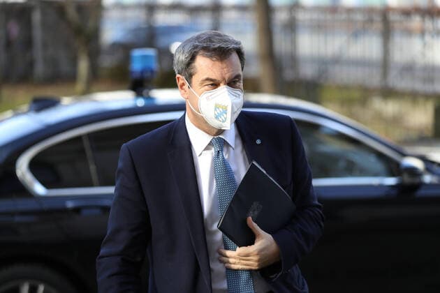 Press conference of Prime Minister Dr Markus Söder, Minister of Economics Hubert Aiwanger, Minister of Education Prof Dr Michael Piazolo and Minister of Social Affairs Carolina Trautner Markus Söder wants the hard lockdown, Munich Bavaria Germany Prince Carl Palais