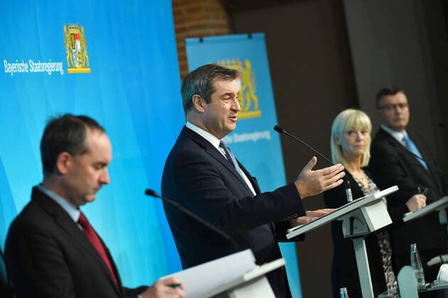 from left to right Hubert AIWANGER Freie Waehler,Minister of Economic Affairs of Bavaria , Markus SOEDER State Premier of Bavaria and CSU Chairman , Carolina TRAUTNER Minister of Social Affairs , Florian HERRMANN Head of the State Chancellery Press conference of the Bavarian State Government after extraordinary meeting of the Council of M