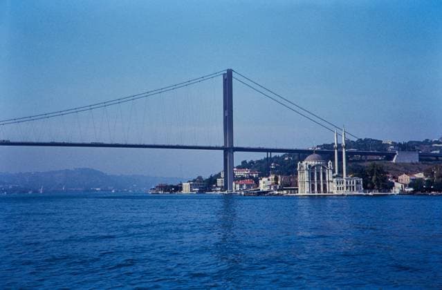 Historical Photo: Turkey with Bridge over the Bosporus Bridge and the Big Mecidiye Mosque around 1973 in Istanbul, Turkey. Reproduction in Marktoberdorf, Germany, October 26, 2020.