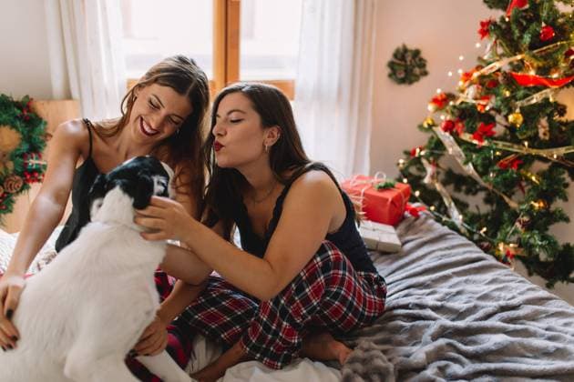 Happy sisters petting their dog in bed at home near christmas tree in cozy interior. Interior with christmas decorations. Copyright: xElenaxGonzalezx Model Released