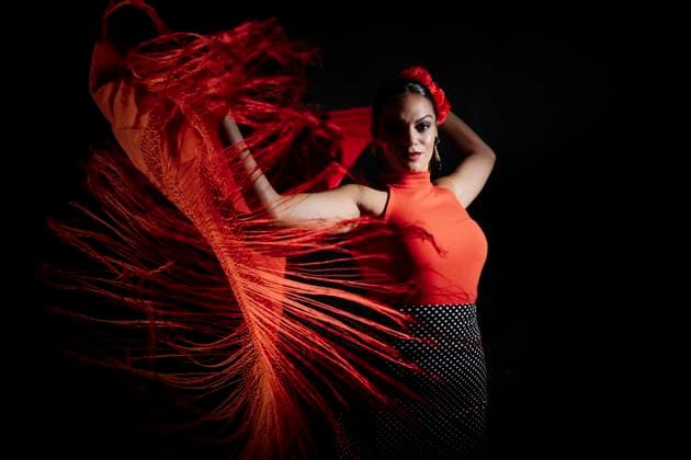 Seductive young Hispanic female in traditional red costume performing sensual Flamenco dance and looking at camera Copyright: xFaustinoxCarmonax Model Released