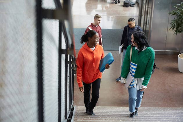 High angle view of students talking while moving on steps at university , model released, property released Copyright: xMaskotx , MA65415