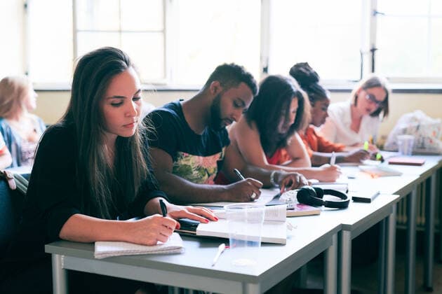 Mid adult female student studying with classmates in language school , model released, property released Copyright: xMaskotx , MA68274