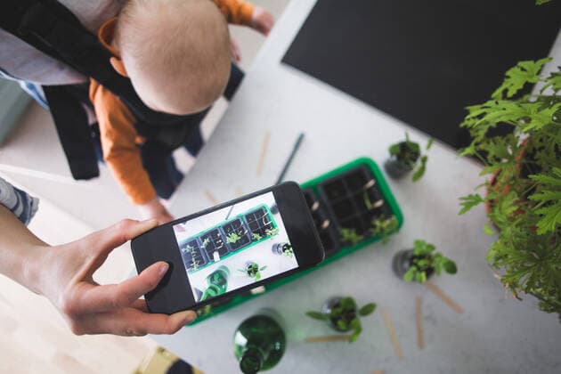 High angle view of blogger photographing plants with smart phone while carrying baby girl in kitchen , model released, property released Copyright: xMaskotx , MA71873