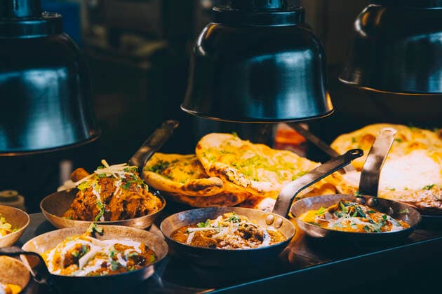 High angle view of Indian food served on concession stand of commercial land vehicle Sweden, Stockholm, property released Copyright: xMaskotx , MA81601