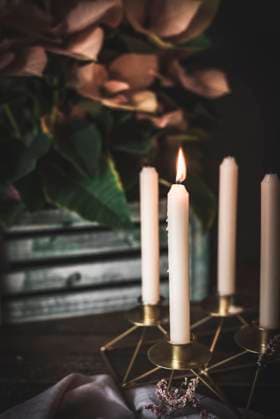 IMAGO Creative: Clickbait, Deko Ideen f?r Zuhause Burning candles in metal candlestick arranged on table with delicate Poinsettia in dark room Copyright: xPatriciaxGarciax Model Released