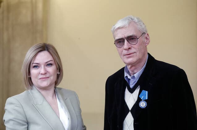 MOSCOW, RUSSIA - DECEMBER 24, 2020: Russia s Culture Minister Olga Lyubimova (L) and actor Boris Shcherbakov awarded an Order of Honor during a ceremony at the Beethoven Concert Hall of the Bolshoi Theater. Artyom Geodakyan TASS  TS0F2B3E